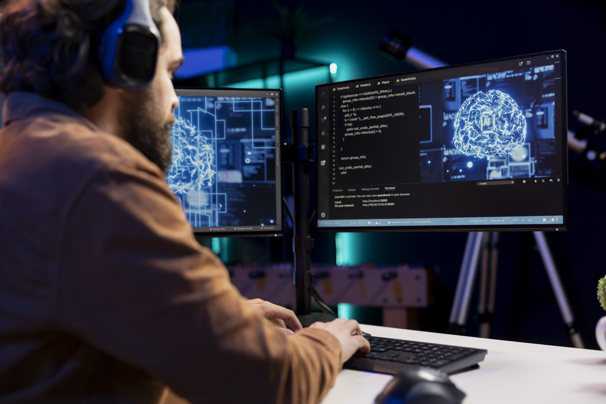 Programmer listening music while doing maintenance on artificial intelligence